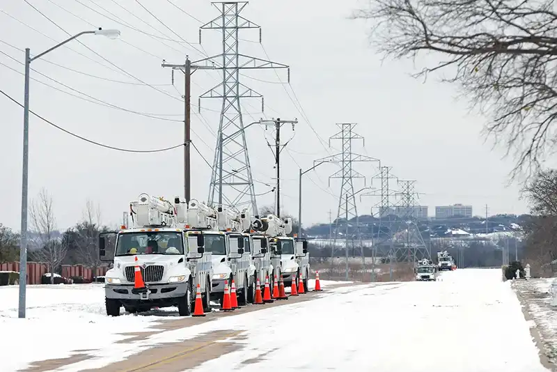 Service trucks line up after a snow storm